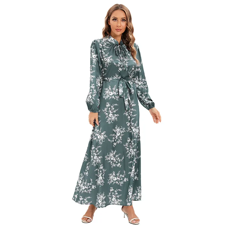 

Kaftan Abaya Dress Floral Long Sleeve Satin Party Dresses Bow Dubai Saudi Arabia Israel Muslim Prom Dresses