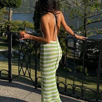 halter sexy backless striped knitted maxi dress outfits for women party club sleeveless dresses summer 2022