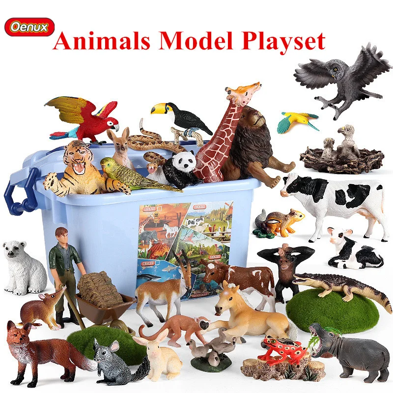 Oenux-Juego de animales del Zoo para niños, simulación de dinosaurio salvaje, Sealife, escenas de granja, modelo de figura de acción en miniatura, juguete para niños, regalo con caja