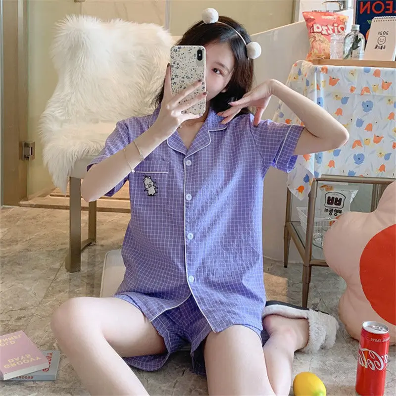 

QWEEK Women's Cotton Pajamas Plaid Pocket Piggy Embroidery Summer Suits with Shorts Pyjamas Soft and Comfortable Pijama Roomware