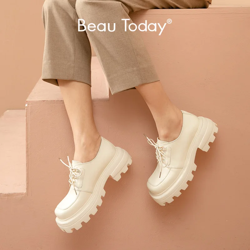 

BeauToday/обувь на платформе; Женская обувь из натуральной коровьей кожи на шнуровке с квадратным носком; Повседневная Женская обувь в стиле дерби; 21902 ручной работы