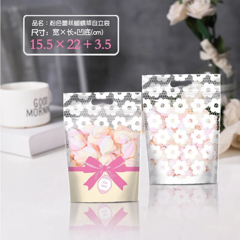 

50Pcs Bow Flower Printed Snowflake Crisp Nougat Packaging Candy Cookies Wedding Party Gift Zipper Bags