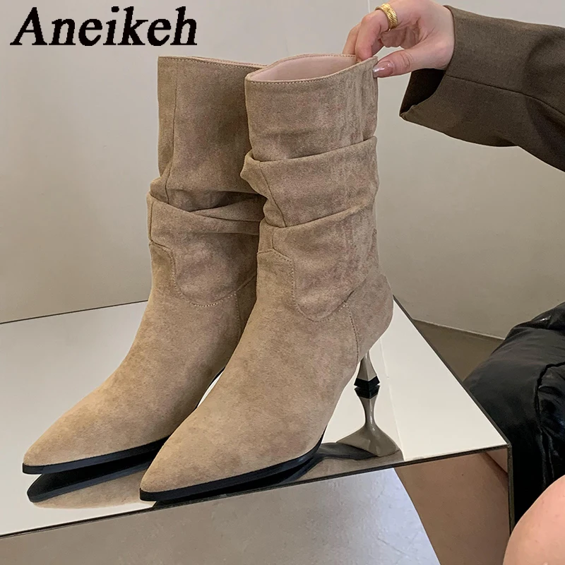 

Aneikeh 2023 Women's Fashion Sexy Pointed Head Thin Heel Ankle Boots Spring/Autumn Flock Pleated Sleeve Chelsea Boots Party Ball