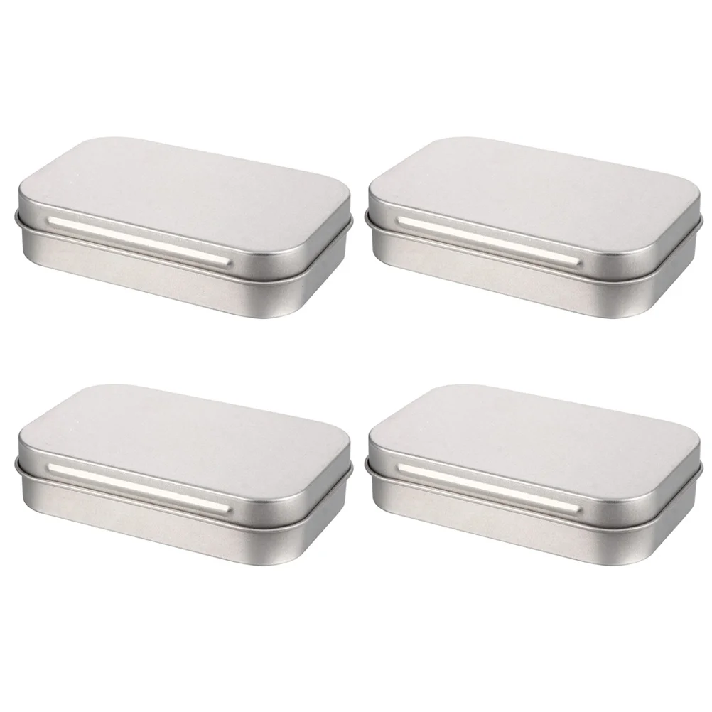 

4 Pcs Metal Canister Lid Tinplate Storage Box Container Candy Outdoor Carrier 9.5X6.6X2CM Empty Sundries Organizer Silver