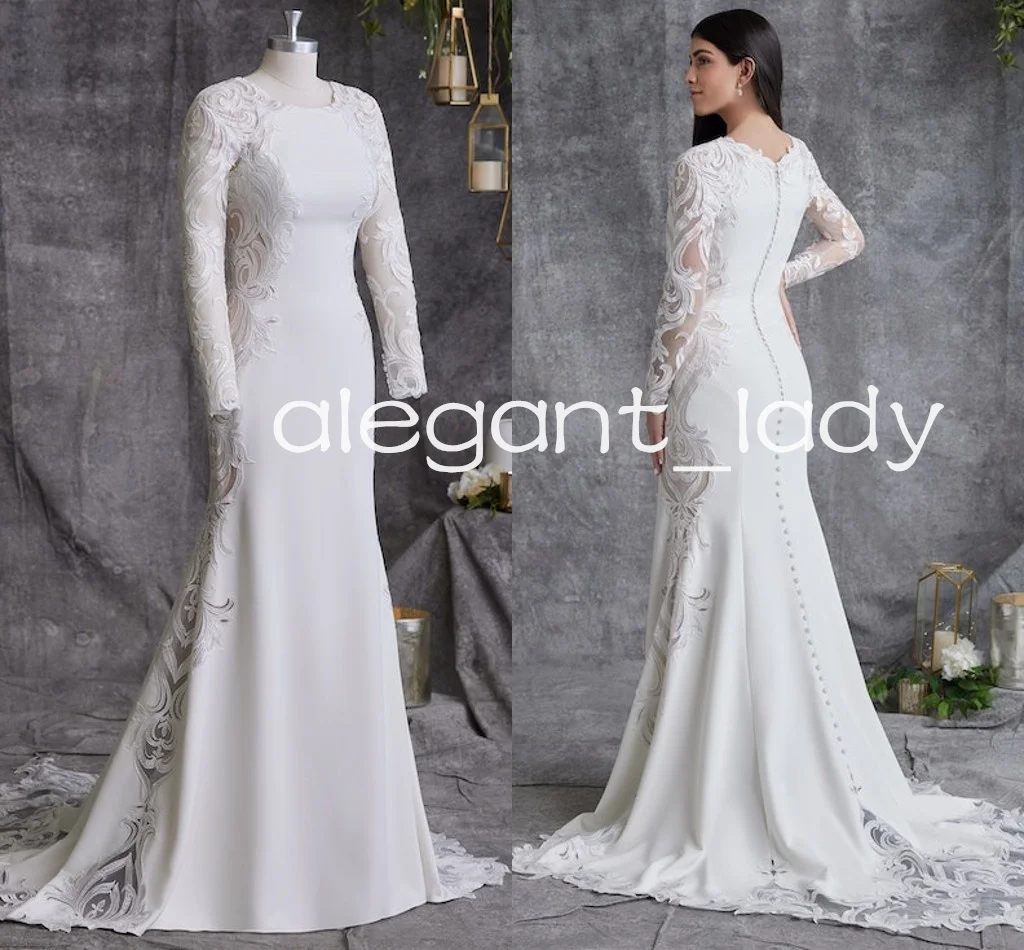 

Modest illusion Lace Long Sleeve Wedding Dress with A Scalloped Train Buttons Back Stain Mermaid Country Bridal Gown