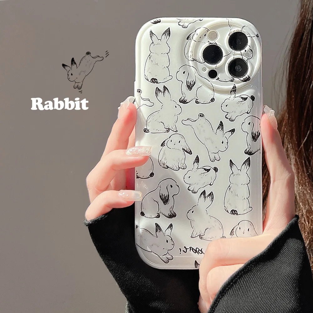 

Lovely Hand-painted Bunny Transparent Phone Case for iPhone 14 12 13 11 Pro ProMax Plus X XR Xsmax Shockproof Soft Phone Cover