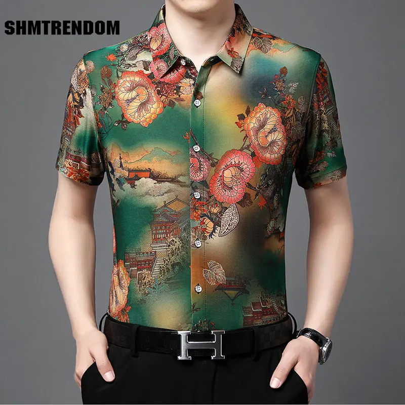 

Chinese Style Floral 3D Digital Print Casual Short Sleeve Men Shirt Summer New Quality Smooth Comfortable Silky Camisa Masculina