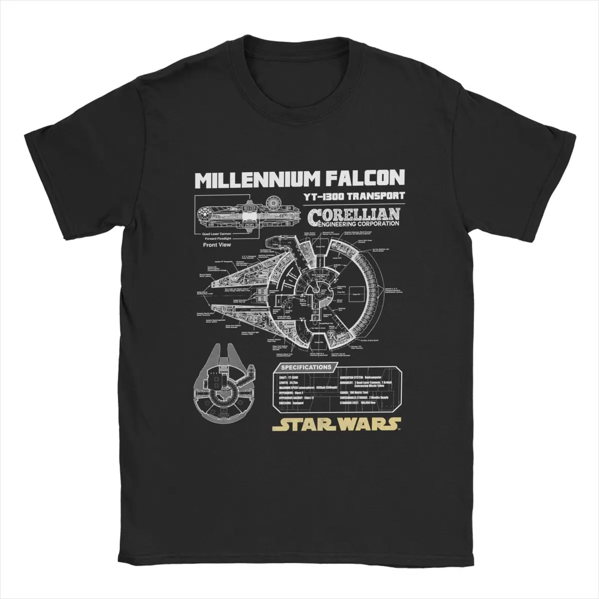 

Disney Stars Wars Millennium Falcon Schematics T-Shirts Men Pure Cotton Tees Crew Neck Short Sleeve T Shirt Gift Idea Clothes