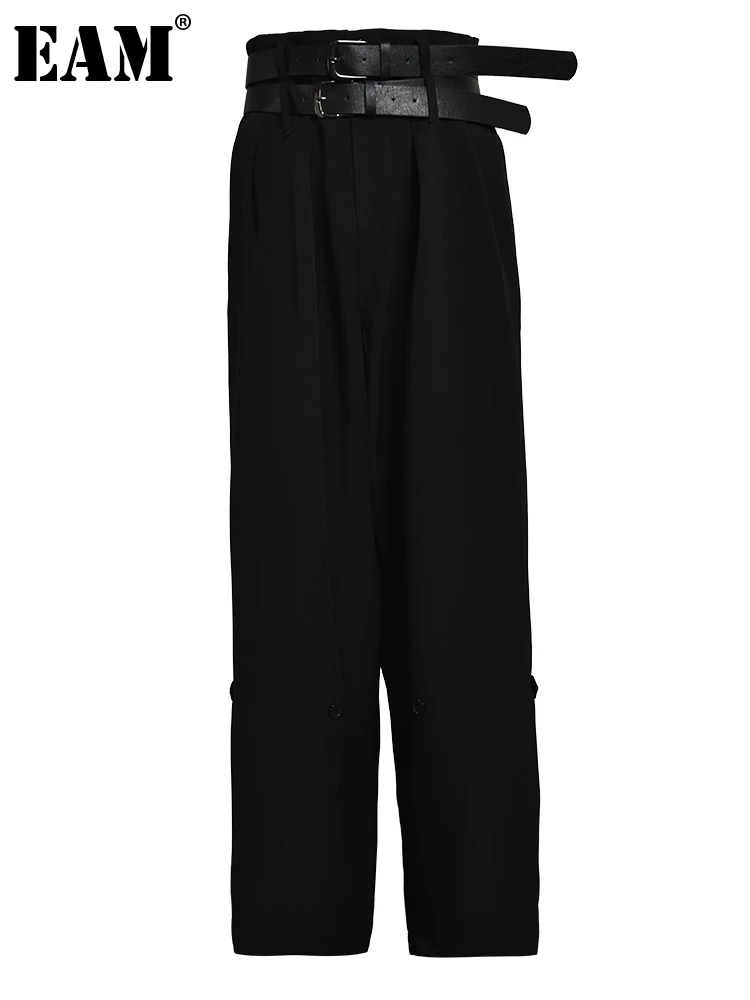 [EAM] High Waist Black Belt Wide Leg Long Casual Pants New Loose Fit Trousers Women Fashion Tide Spring Autumn 2023 1DF9719