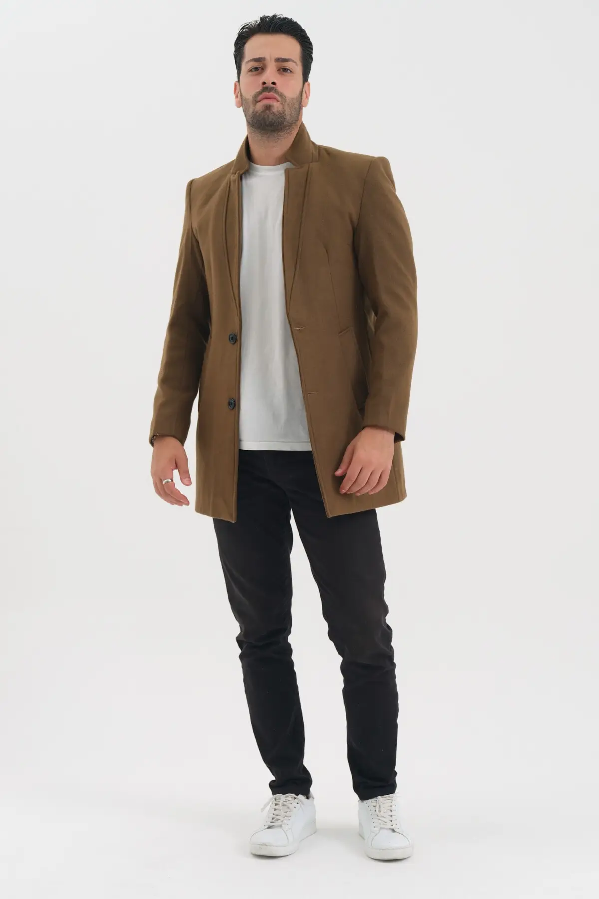 

Male Tan Upright Collar Stamp Coat