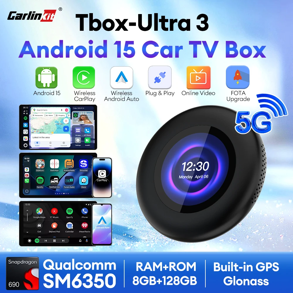 Фото 2026 CarlinKit Ultra 3 Android 13 TV Box с беспроводным CarPlay и Android Auto, SM6350, 8 ГБ+128 ГБ, 5G LTE, для Netflix, IPTV, BMW, Audi, Kia, VW №1
