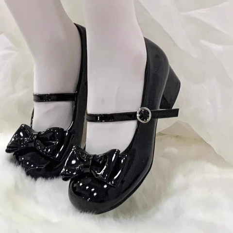 Милые женские туфли Мэри Джейн в стиле Лолиты с узлом-бабочкой, лаконичные кожаные туфли на толстом каблуке, весенне-осенние женские модельные туфли-лодочки