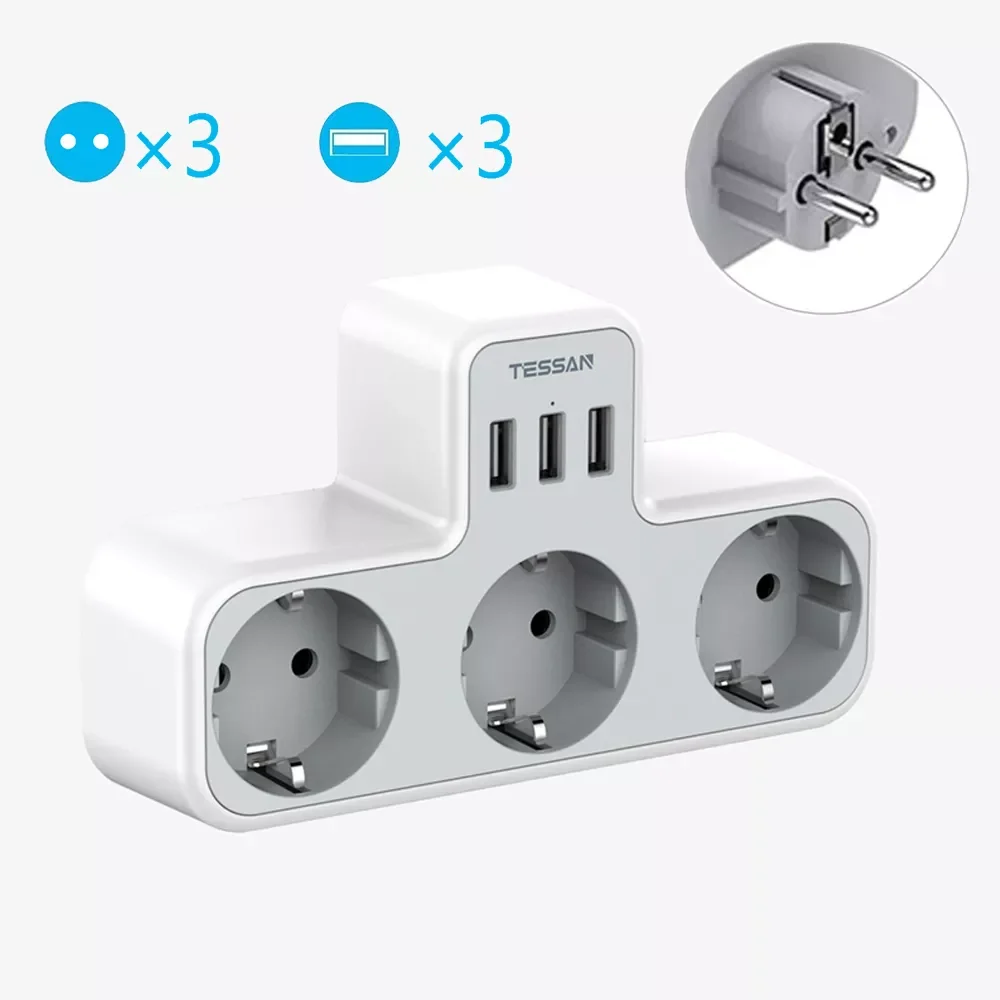 

TESSAN EU Wall Socket Extender with 3 AC Outlets and 3 USB Ports 5V 2.4A Power Adapter Overload Protection for Home/Office