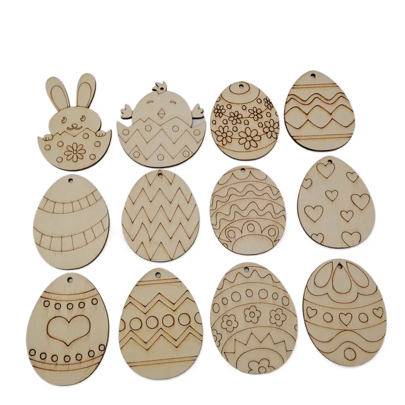 

10PCS Easter Ornaments DIY Crafts Easter Egg Shape Cutout Pendants Embellishments Wood Slices Hanging Tags with Ropes for Easter