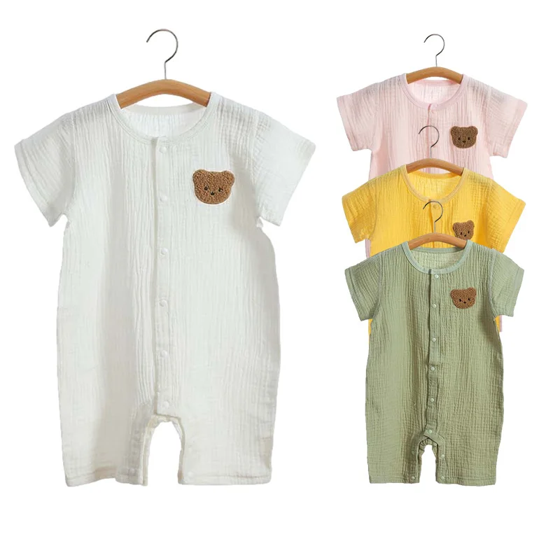 2023 Korean Baby Romper Muslin Short Sleeves Jumpsuit for Girls Boys Cute Bear One-Pieces Clothing Newborn Summer Thin Bodysuits