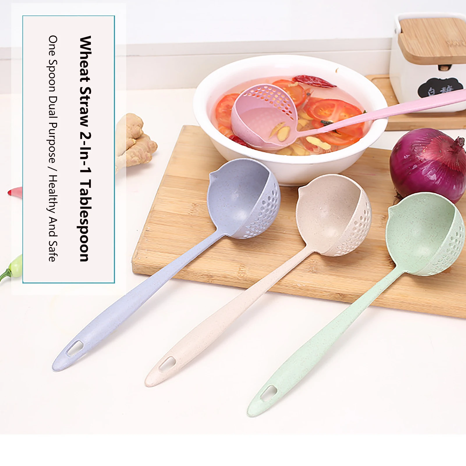 

2 in 1 Soup Spoon Wheat Straw Slotted Spoon Long Handle Porridge Spoons with Filter for Hot Pot Kitchen Utensil Dinnerware