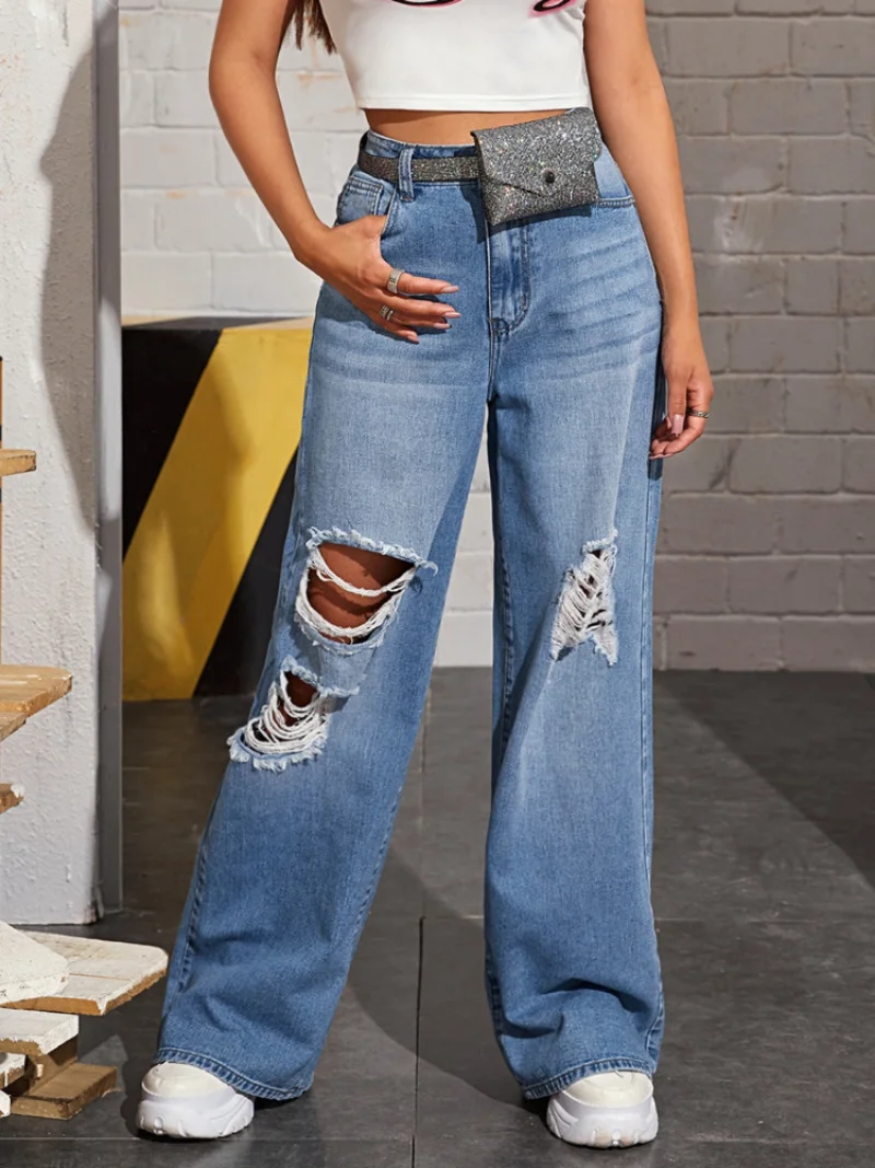 Denim High Waist Perforated Wash Fashion Jeans Women's Fashion Split Wide Leg Pants Women's Cotton Denim Loose Relaxed Mom Jeans
