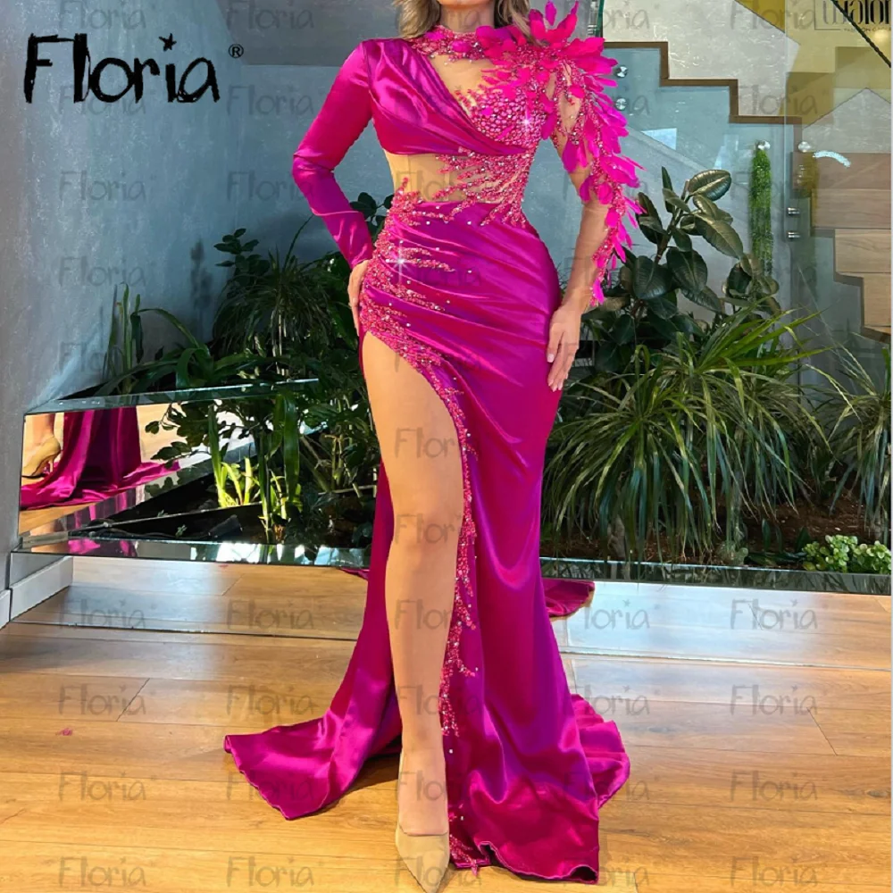 

Роскошные вечерние платья из Дубая с длинным рукавом и перьями цвета фуксии с высоким разрезом сбоку 2023 атласное официальное платье-Русалка для свадьбы