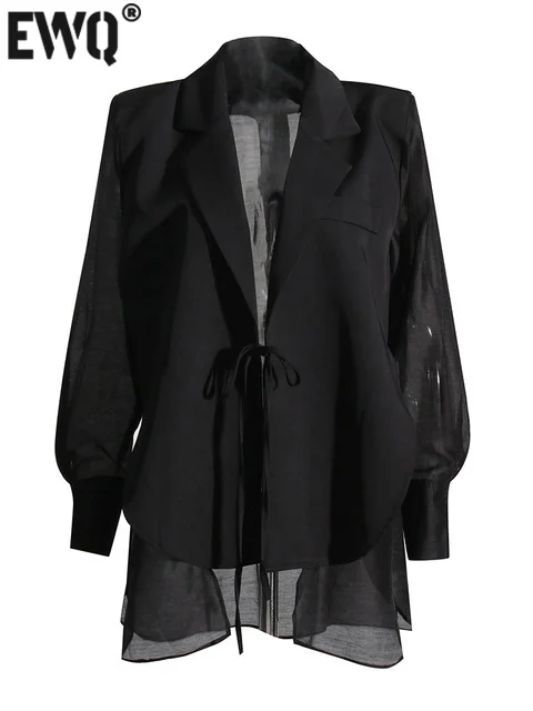 

Женский блейзер со шнуровкой [EWQ], блейзер с отложным воротником и длинным рукавом, в стиле пэчворк, из прозрачной сетки, женская одежда, новая мода