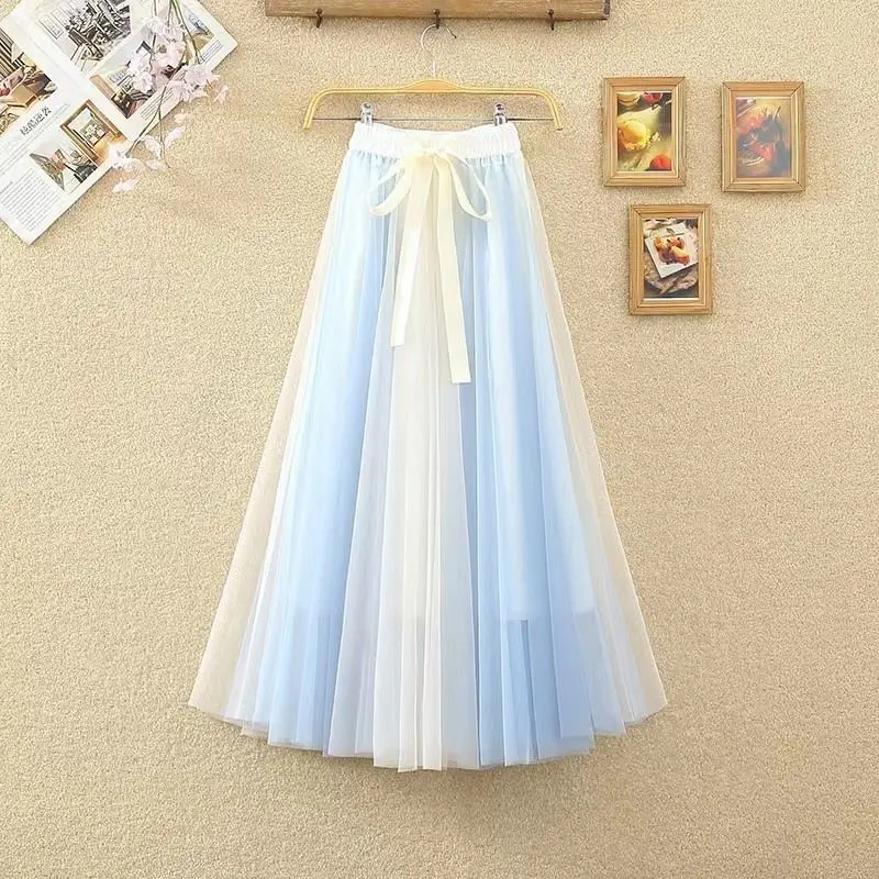 

Elastic Waist Mesh Long Tulle Skirt Spring Elegant Vintage High Waist Maxi Skirt Women Spring Summer Mori Girl Boho A 015