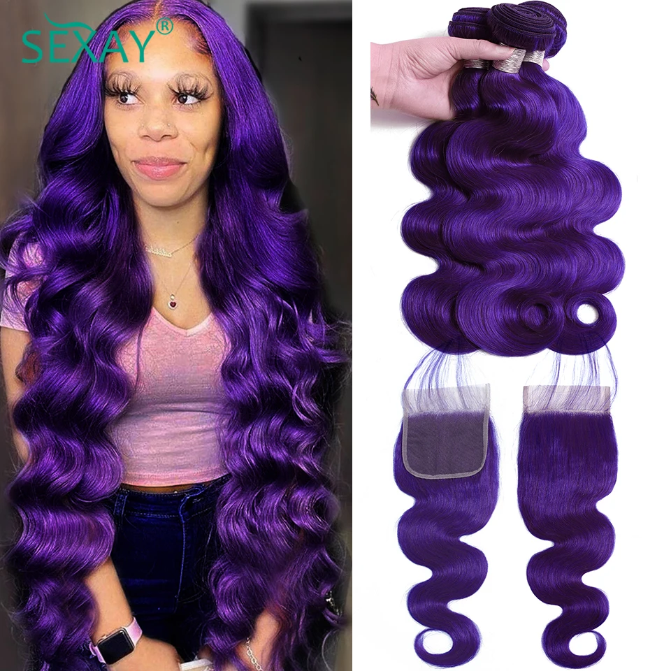 Sexay Purple Human Hair Bundles With Closure Baby Hair Indian Body Wave Hair Weave 28 Long Hair Bundles With 4x4 Lace Closures