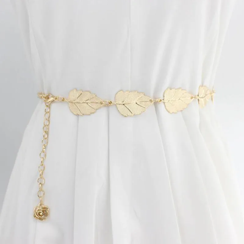 Fashion Metal Leaf Chain Belt Gold Silver Adjustable Thin Waist Chains Long Simple Decorative Straps Dress Waistbands Female