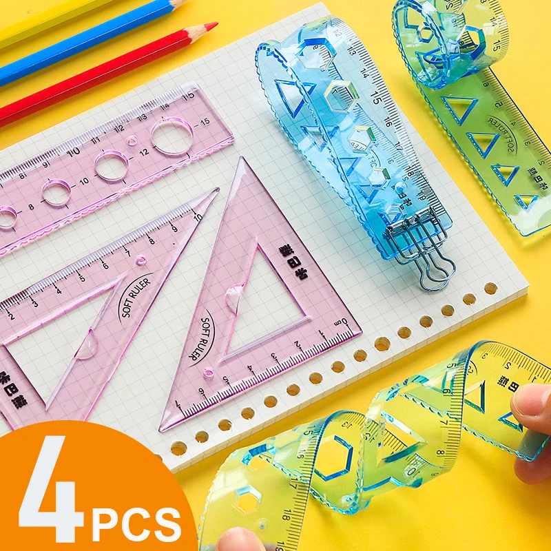 

4Pcs/Set Ruler Set Kawaii Soft Geometry Maths Drawing Compass Stationery Rulers Mathematical for School Office Supplies 15/20cm