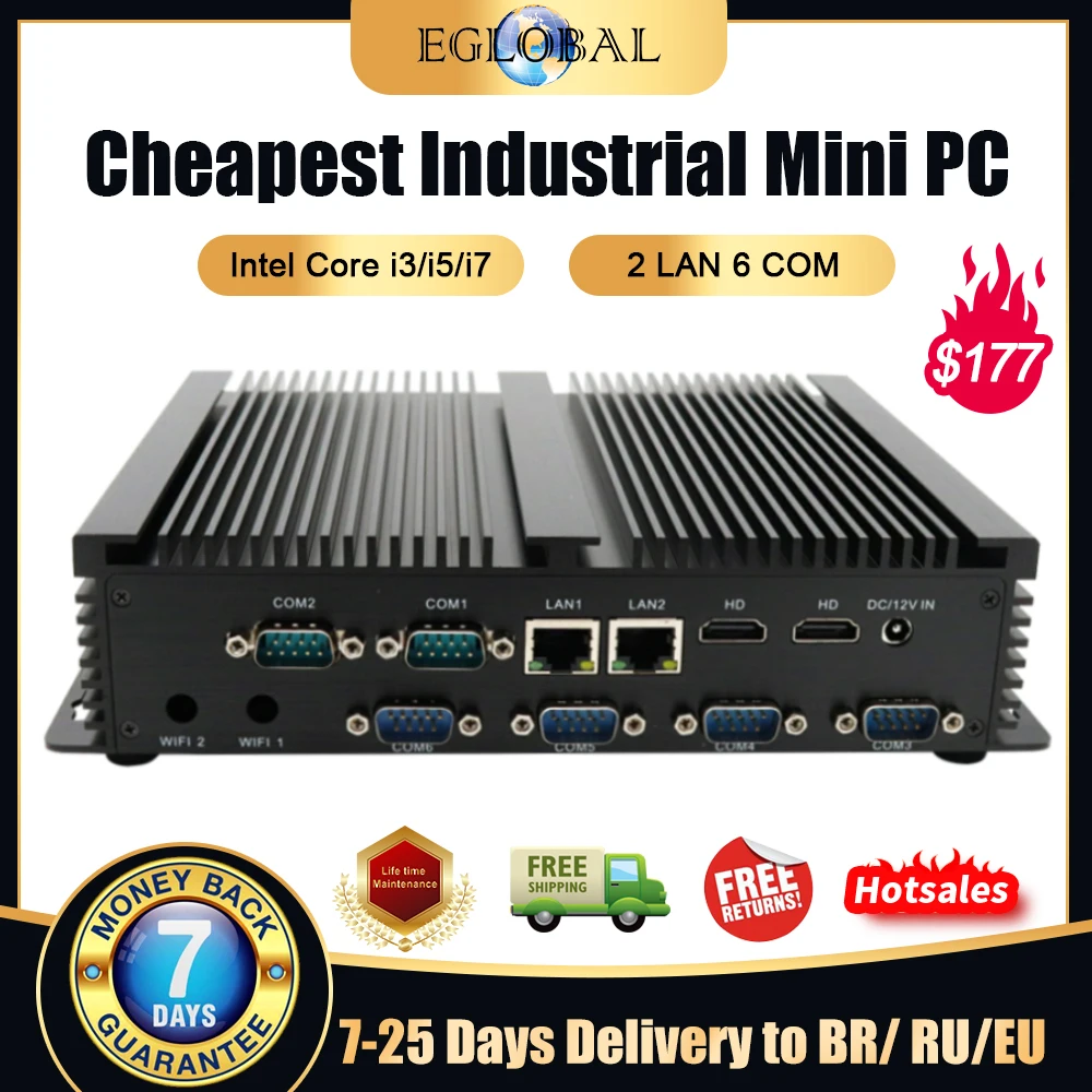 Eglobal Industrielle Mini Pc Intel Core I3 I5 4005U 4200U 4500U 2 Rj45 Lan 2Hdmi Linux Desktop Computer 6 Rs232 Coms 8 Usb Windows