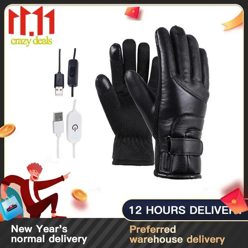 

Winter Gloves USB Heated Gloves Men Motorcycle Thermal Fleece Windproof Touch Screen Bicycle Warm Outdoor Running Skiing Mitten