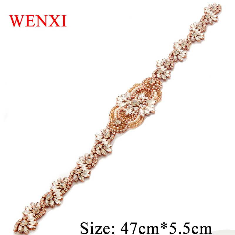

WENXI (5 pcs) Wholesale Bridal Gown Sash Beads Rhinestones Appliques Sew On For Wedding Dress Belt Clear Rose Gold Crystal WX833