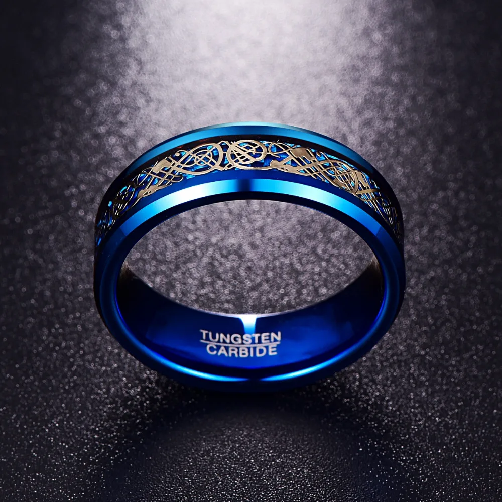 

VAKKI 8mm Men's Ring Celtic Dragon Tungsten Carbide Ring Wedding Band Blue/Black Carbon Fiber Engagement Ring Size 5-14