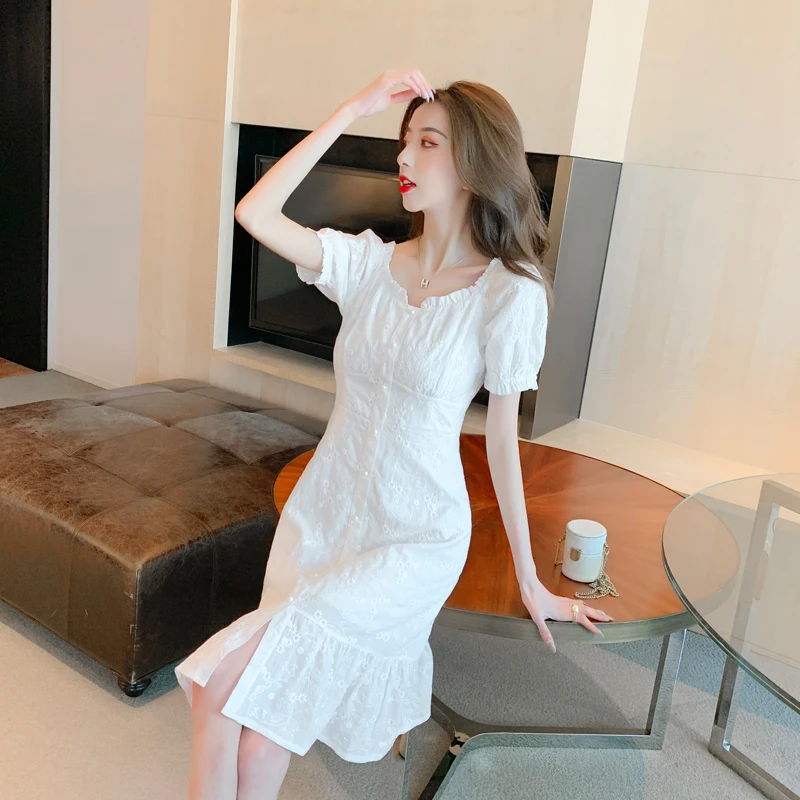 

COIGARSAM Long Dress Women Summer 2022 New French Style Vintage Puff Sleeve White Dresses Dropshipping