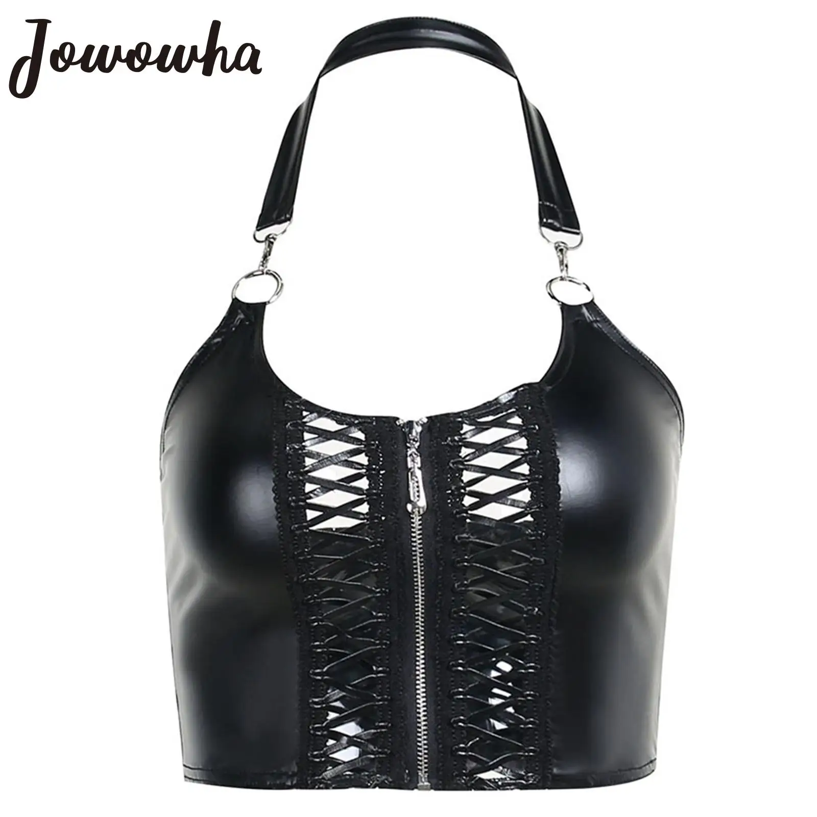 

Сексуальный облегающий кроп-топ из искусственной кожи в стиле панк, женский летний топ с открытой спиной, майки, модная Клубная вечерние, ко...