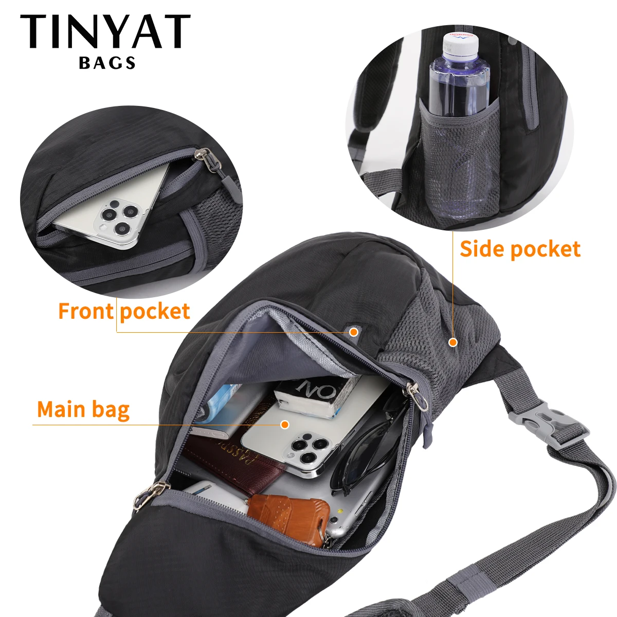 TINYAT Foldable Man Chest Bag Pouch Portable Crossbody Bags For Men Phone Money Shoulder Bag Husband Travel Party Sling Bags