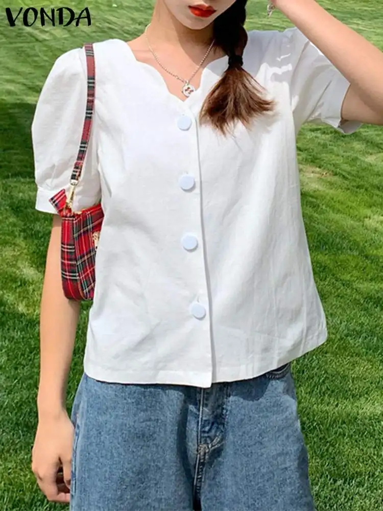 

Women Shirts 2023 Fashion Casual Solid Tunic Sexy V Neck Summer Tops Bohemian VONDA Short Sleeve Female OL Style Office Blouse