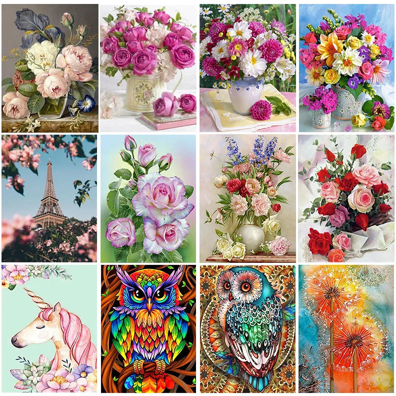 5D DIY Diamond Painting Rose Flowers Vase Cross Stitch Kit Diamond Embroidery Animal Mosaic Art Picture Of Rhinestone Home Decor