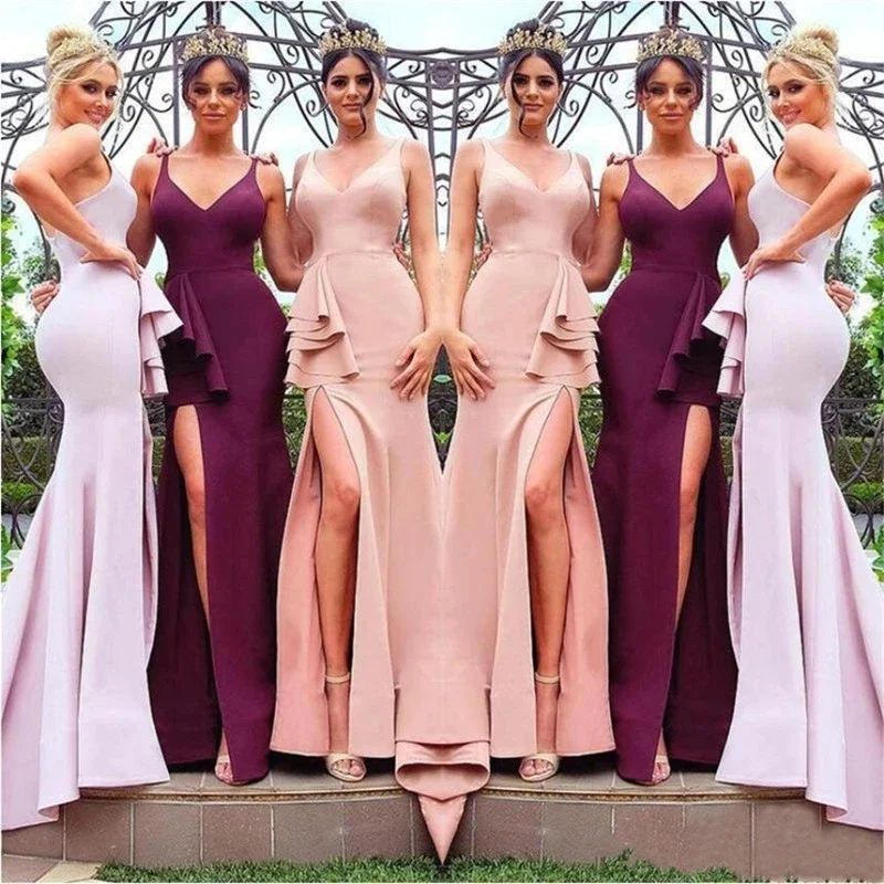 

New V-Neck Plus Size Split Backless Mermaid Bridesmaid Dresses Satin Spaghetti Straps Woman Lady Formal Gown
