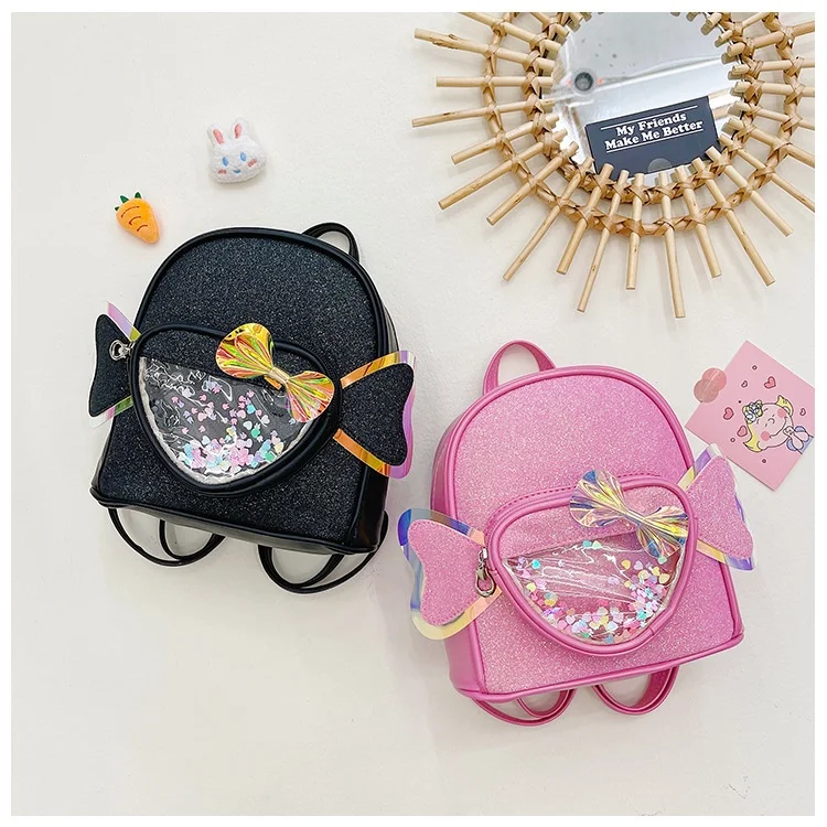 Children Fashion Transparent Laser Bow Small Backpack with Wings New Girls Princess Sweet PU Solid Color Schoolbags for Travel