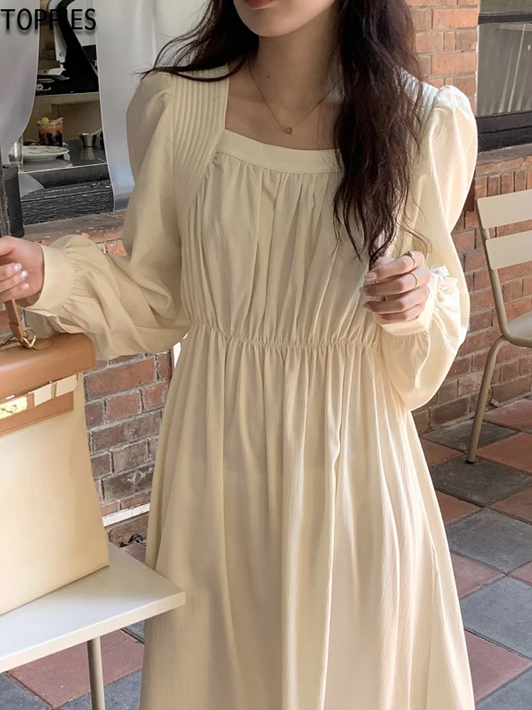 

Женское платье с квадратным вырезом, однотонное приталенное платье с складками и рукавами-фонариками в Корейском стиле, в французском стил...