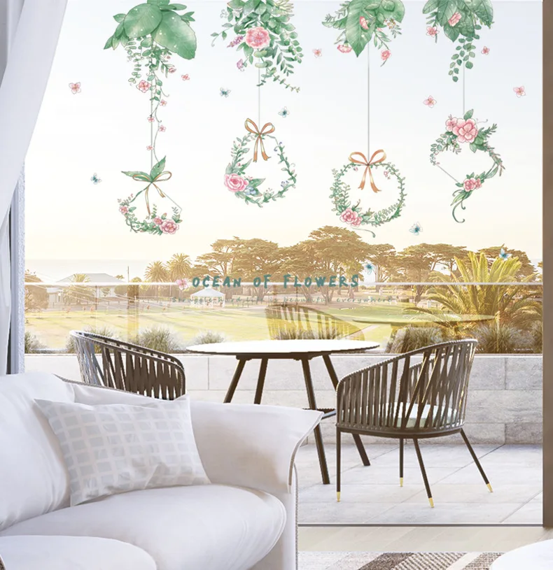 

green leaf plant hanging flower wall stickers decorative stickers for bedside glass doors Removable bathroom self-adhesive paper