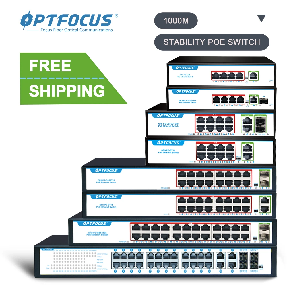 Коммутатор OPTFOCUS ethernet 1000 Мбит/с VLAN 4 8 16 24 порта 2 uplink POE коммутатор для cctv полный