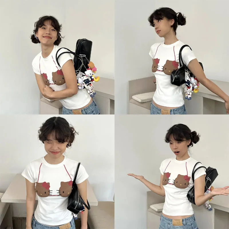 Sanrio Hello Kitty с коротким рукавом спереди и плечами летняя хлопковая футболка