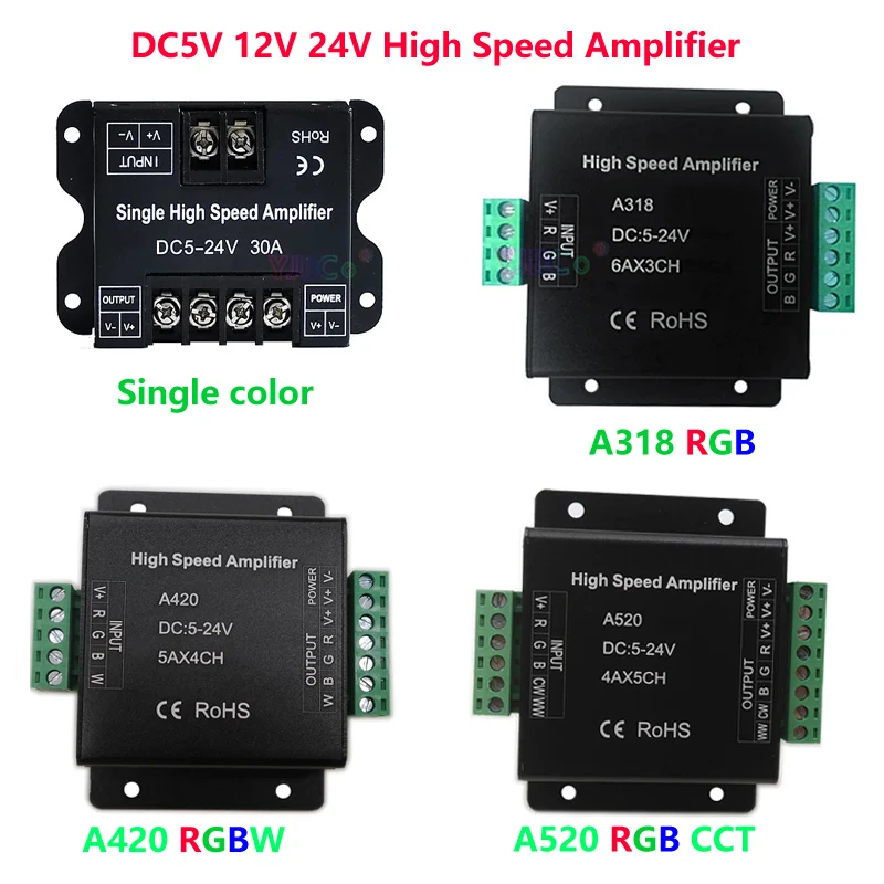 Single color/RGB/RGBW/RGB+CCT RGBWW Led Strip High Speed Amplifier DC5V 12V 24V Power Controller Data Signal Repeater Dimmer