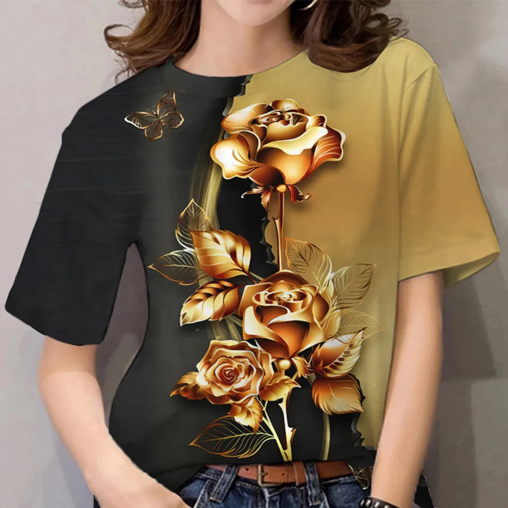 

2023 New Luxury Women's T shirt Floral Print Harajuku Clothes O Neck Casual Short Sleeve Tees Daily Y2k Oversized Tops