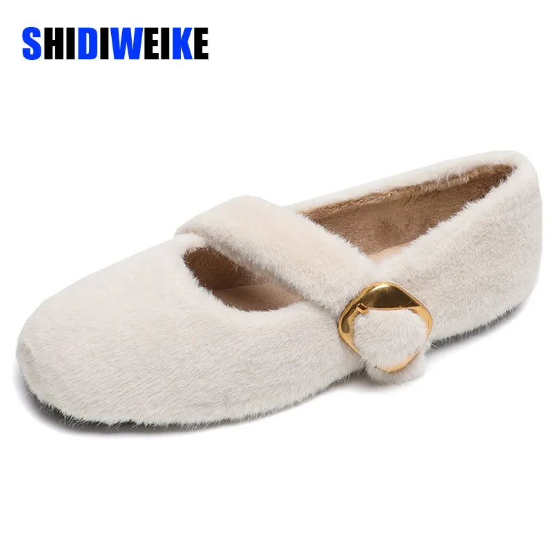 

SDWK Fairy Fur Belt Mary Jane Shoes Woman Winter Cotton Ballets Loafers Femme Warm Fluffy Fur Flats Ladies Mocasines AD4885