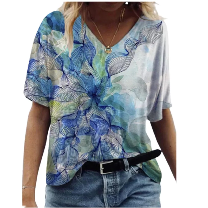 

Women 3D Abstract Print T Shirt Summer 2021 New Ladies Oversized Loose Tops 5XL Casual V-Neck Short Sleeve Tee Tops Plus Size