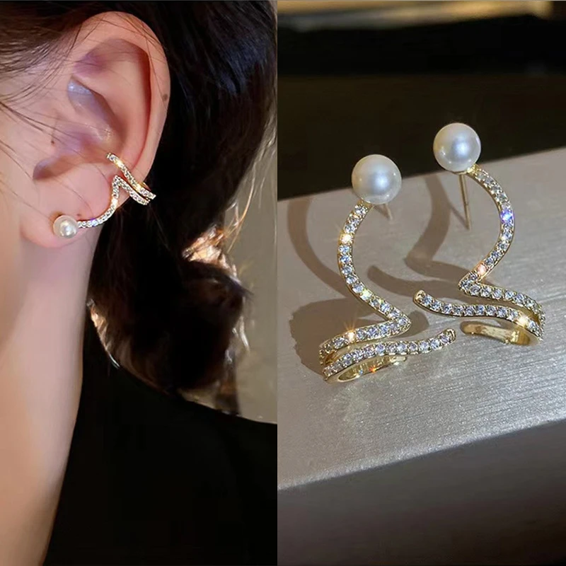 

Fashion France Elegant S925 Silver Needles Pearl Zircon Stud Earrings Geometric Gold Color Ear Studs For Women Jewelry Gifts