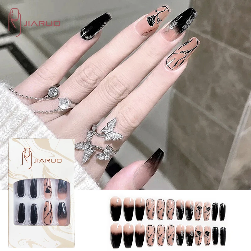 

24PCS/BOX Fake Nails Art Press on Nail Long Coffin Supplies for Profess Tip Acrylic Y2k with Desig Full Cover Glue Gyaru JIARUO
