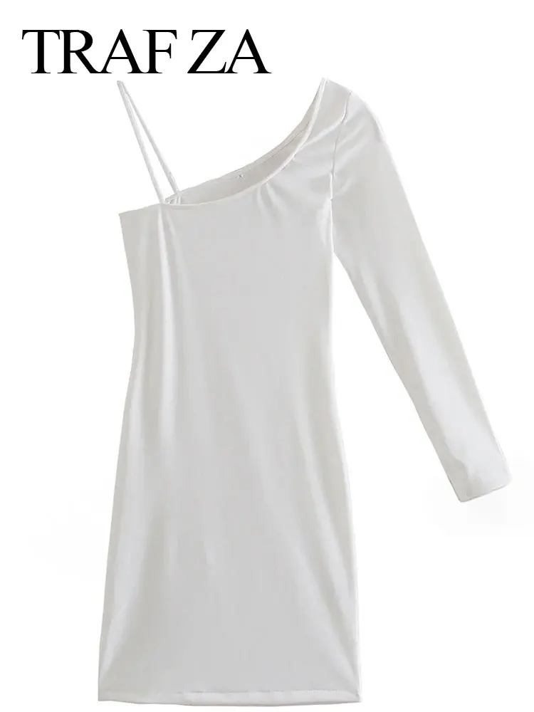 

TRAF ZA Sexy Skin Friendly Diagonal Collar One Shoulder Sling Long Sleeve Dress Lady Solid White Elegant Tight Women Short Dress