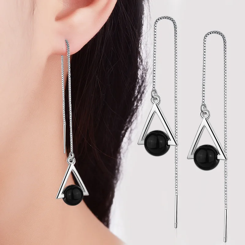 

New Piercing Ear Line Drop Earrings For Women Dangle Triangle Geometric Earrings Black Bead Chain Charming Female Earring Gifts